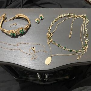 Gold-Tone Green Gem Jewelry Set - Necklace, Bracelet & Earrings